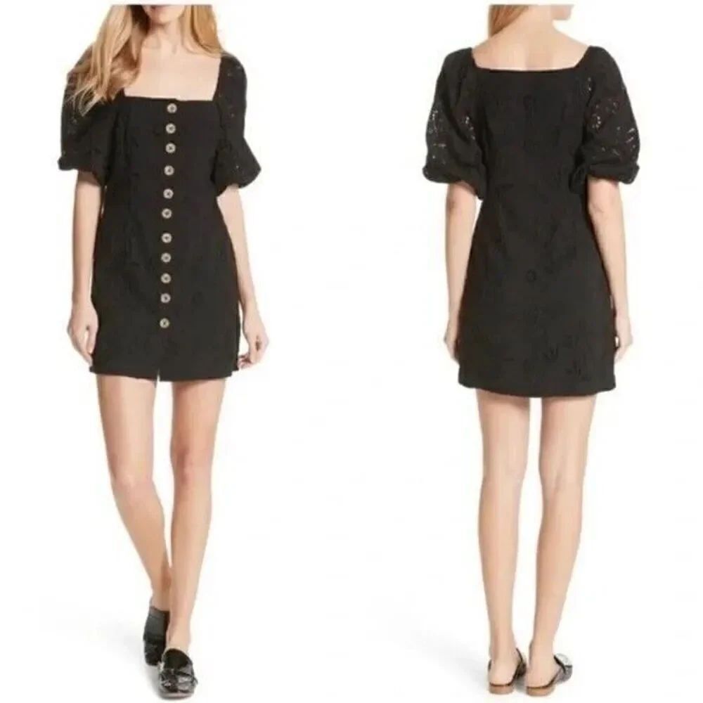Free People Daniella Embroidered Lace Buttondown Eyelet Mini Tunic Dress Size 10
